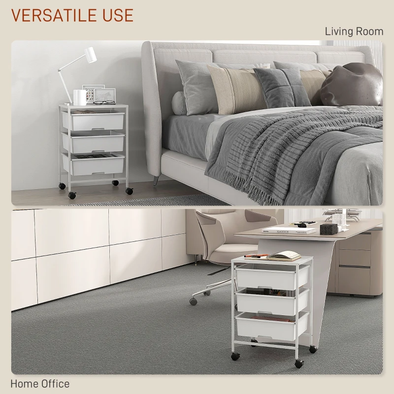 HOMCOM Cărucior Multifuncțional cu 3 Coșuri și Roți, Cărucior pentru Bucătărie și Birou din Oțel și Plastic, 40.8x33.5x60.5 cm, Alb