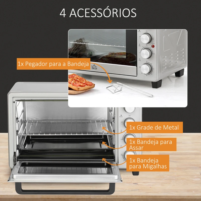 HOMCOM Mini Forno 32L 16000 com 3 Modos de Aquecimento Temperatura até 230 °C Temporizador  52,2x38,1x33,5 cm Prata