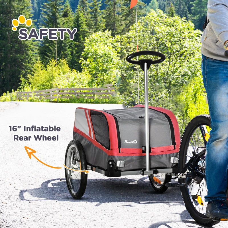 PawHut Dog Bike Trailer 2-in-1 Trolley Stroller Cart Bicycle Carrier for Cat Puppy Travel w/ Reflectors Hitch Coupler Red Flag – Red