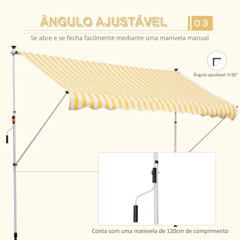 Outsunny Toldo Portátil 3x1,5m Manual Dobrável de Alumínio Altura Regulável com Manivela para Terraço Jardim Amarelo e Branco