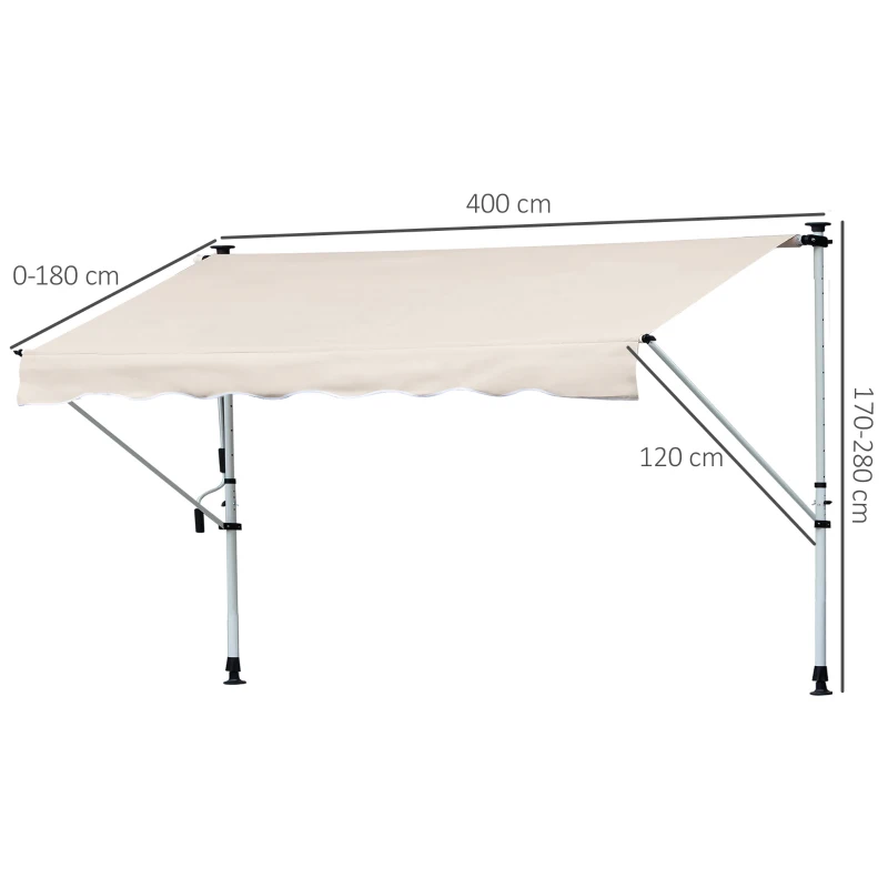 Outsunny Toldo Manual Retrátil para Exterior 400x120x170-280cm Toldo Enrolável Altura Ajustável com Manivela Proteção Solar para Terraço Balcão Jardim Marrom Claro