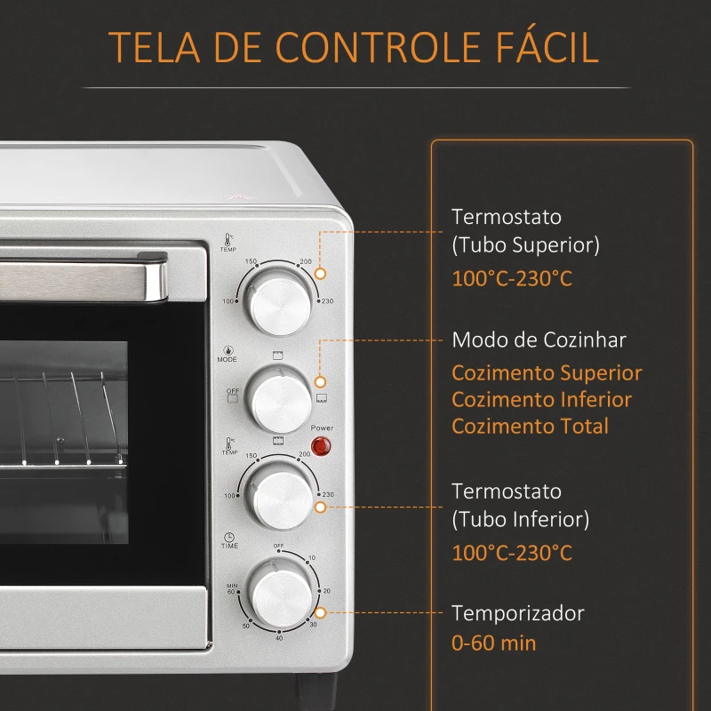 HOMCOM Mini Forno 32L 16000 com 3 Modos de Aquecimento Temperatura até 230 °C Temporizador  52,2x38,1x33,5 cm Prata