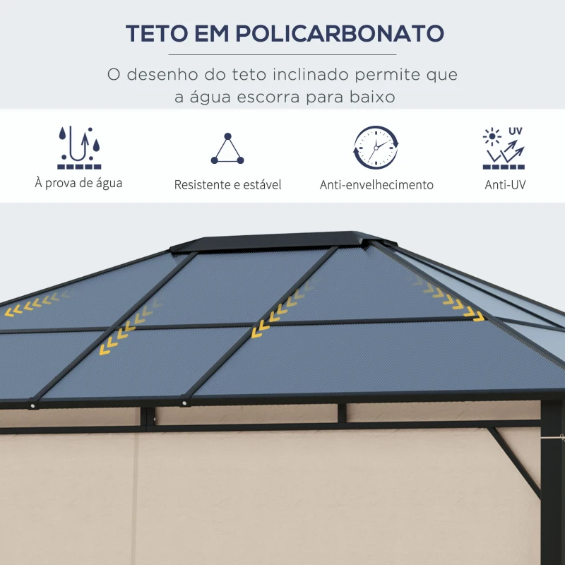 Outsunny Pérgola de jardim 3,65x3 m  de aço com telhado de policarbonato de 6 mm Proteção UV 50+ e 4 cortinas laterais Bege