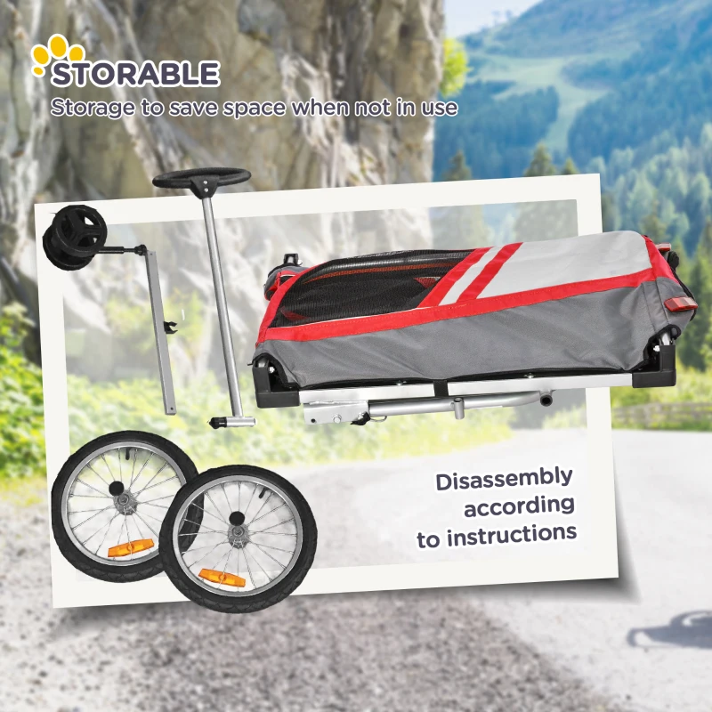 PawHut Dog Bike Trailer 2-in-1 Trolley Stroller Cart Bicycle Carrier for Cat Puppy Travel w/ Reflectors Hitch Coupler Red Flag – Red
