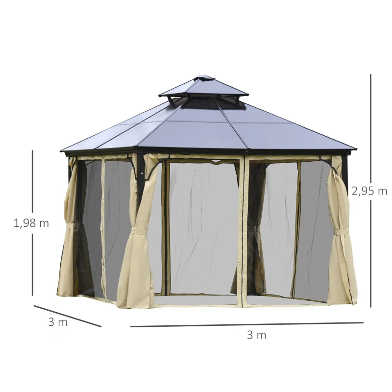 Outsunny Pérgola 3x3 m com teto duplo de policarbonato e 4 cortinas 4 redes mosquiteiras com zíper, moldura de alumínio bege e preto