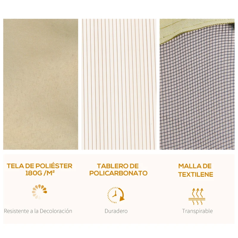 Outsunny Pérgola 3x3 m com teto duplo de policarbonato e 4 cortinas 4 redes mosquiteiras com zíper, moldura de alumínio bege e preto