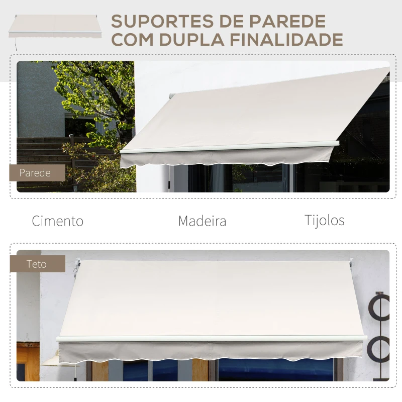 Outsunny Toldo Manual Retrátil com Manivela 200x250 cm Toldo de Parede com Proteção Solar UV50+ e Estrutura de Alumínio Creme