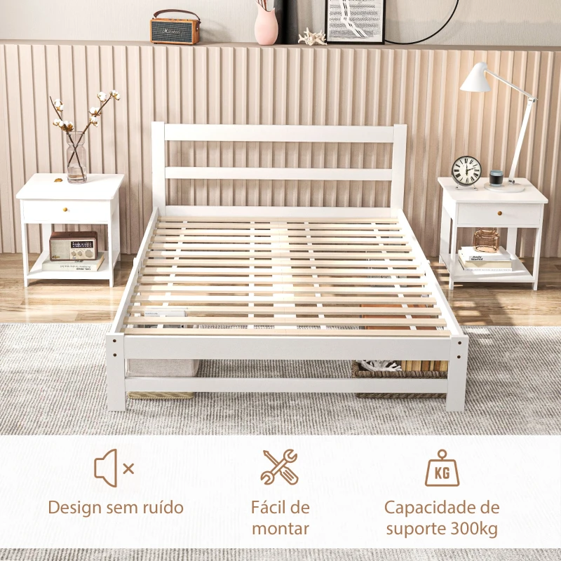HOMCOM Estrutura de Cama de Madeira Estrado de Cama de Casal para Colchão 190x135 cm Carga 300 kg 195x141x80 cm Branco