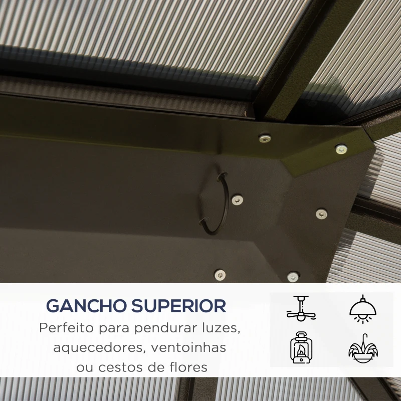 Outsunny Pérgola de jardim 3,65x3 m  de aço com telhado de policarbonato de 6 mm Proteção UV 50+ e 4 cortinas laterais Bege
