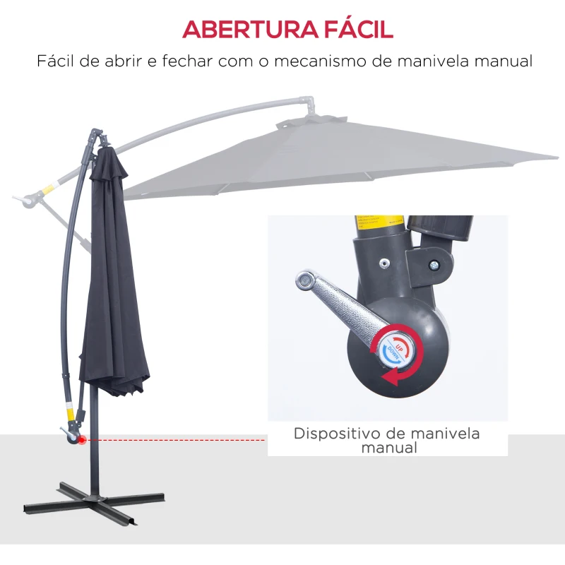 Outsunny Chapéu de Sol de Jardim Ø300x260cm Chapéu de Sol Excêntrico Inclinável com Manivela Base Cruzada e Suporte de Metal 8 Hastes para Terraço Exterior Balcão Preto