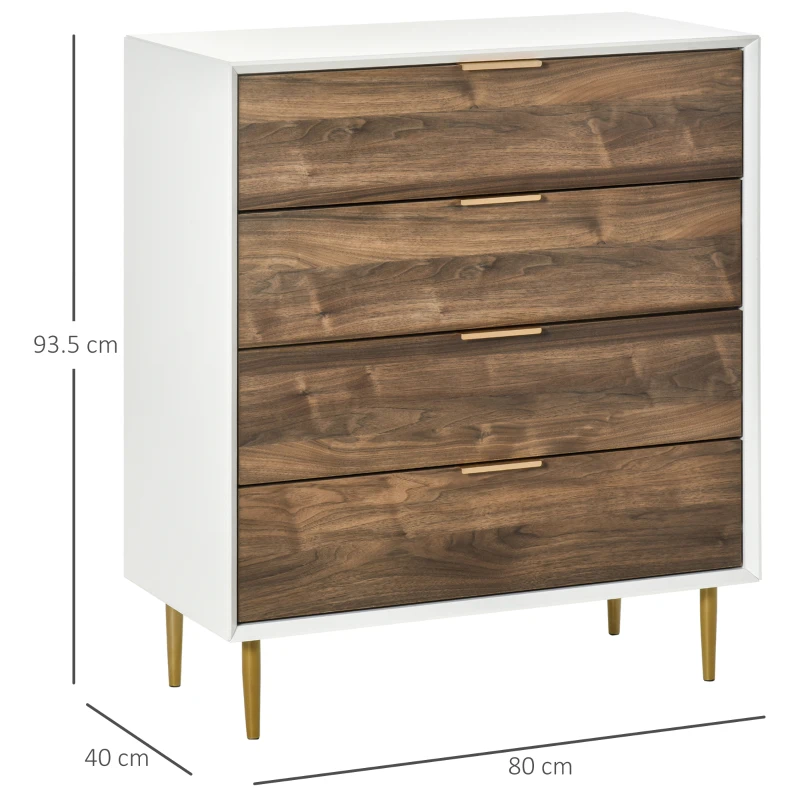 HOMCOM Cassettiera 4 Cassetti con Maniglie e Piedini, Arredamento Moderno Casa in Legno 80x40x93.5cm Bianco e Noce