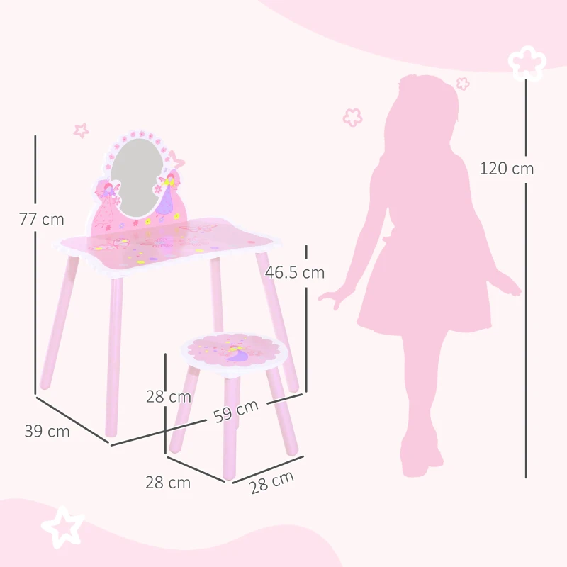 HOMCOM Toeletta per Bambini con Sgabello in Legno, Tavolo Trucco con Specchio Moderno e Cassetto, 59L x 39P x 77A cm, Rosa