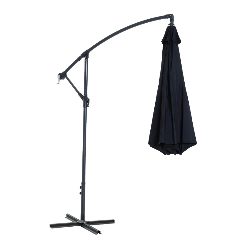 Outsunny Chapéu de Sol de Jardim Ø300x260cm Chapéu de Sol Excêntrico Inclinável com Manivela Base Cruzada e Suporte de Metal 8 Hastes para Terraço Exterior Balcão Preto