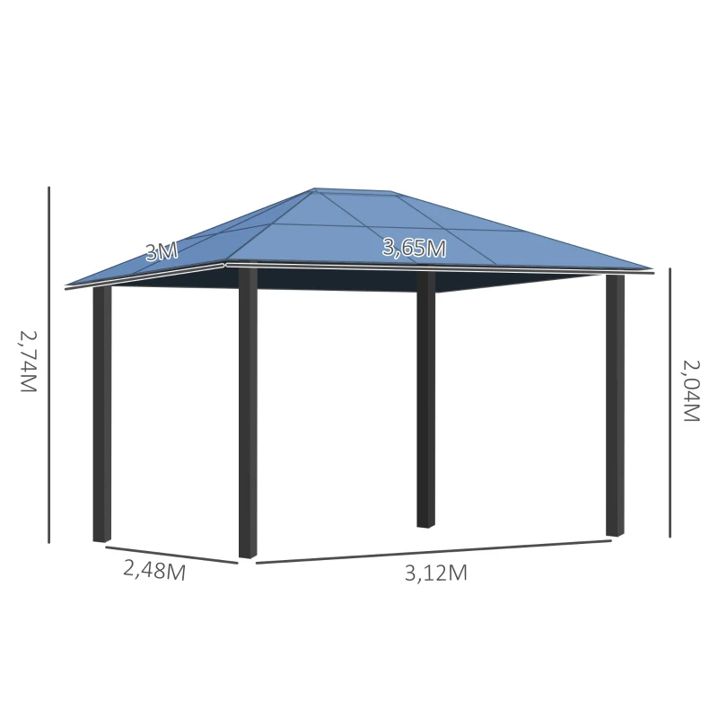 Outsunny Pérgola de jardim 3,65x3 m  de aço com telhado de policarbonato de 6 mm Proteção UV 50+ e 4 cortinas laterais Bege