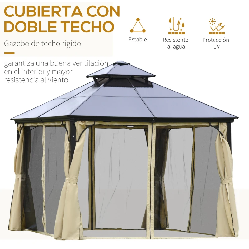 Outsunny Pérgola 3x3 m com teto duplo de policarbonato e 4 cortinas 4 redes mosquiteiras com zíper, moldura de alumínio bege e preto