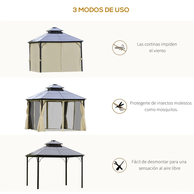 Outsunny Pérgola 3x3 m com teto duplo de policarbonato e 4 cortinas 4 redes mosquiteiras com zíper, moldura de alumínio bege e preto