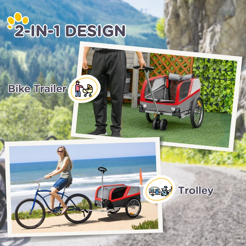 PawHut Dog Bike Trailer 2-in-1 Trolley Stroller Cart Bicycle Carrier for Cat Puppy Travel w/ Reflectors Hitch Coupler Red Flag – Red
