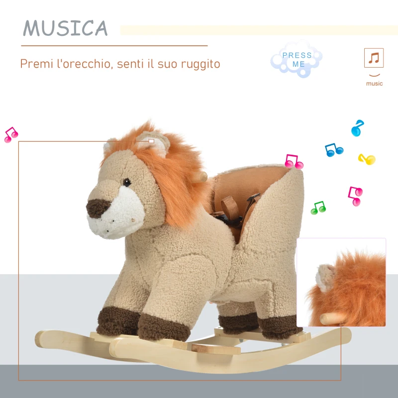 HOMCOM Dondolo Giocattolo a Forma di Leone per Bambini 18-36 Mesi, Ruggisce (3 Batterie Incluse), in Legno e Peluche