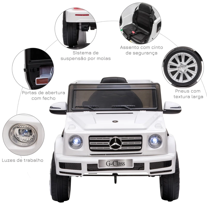 HOMCOM Carro Elétrico BENZ G500 Todo-o-Terreno com Bateria 12V Veículo Elétrico com Música Buzina Velocidade 3-5 km/h Branco