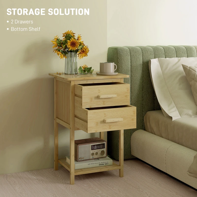 HOMCOM Set 2 Noptiere cu 2 Sertare și Poliță de Jos în Stil Nordic, Noptiere Moderne din Bambus, 40x34x60 cm, Lemn Natural