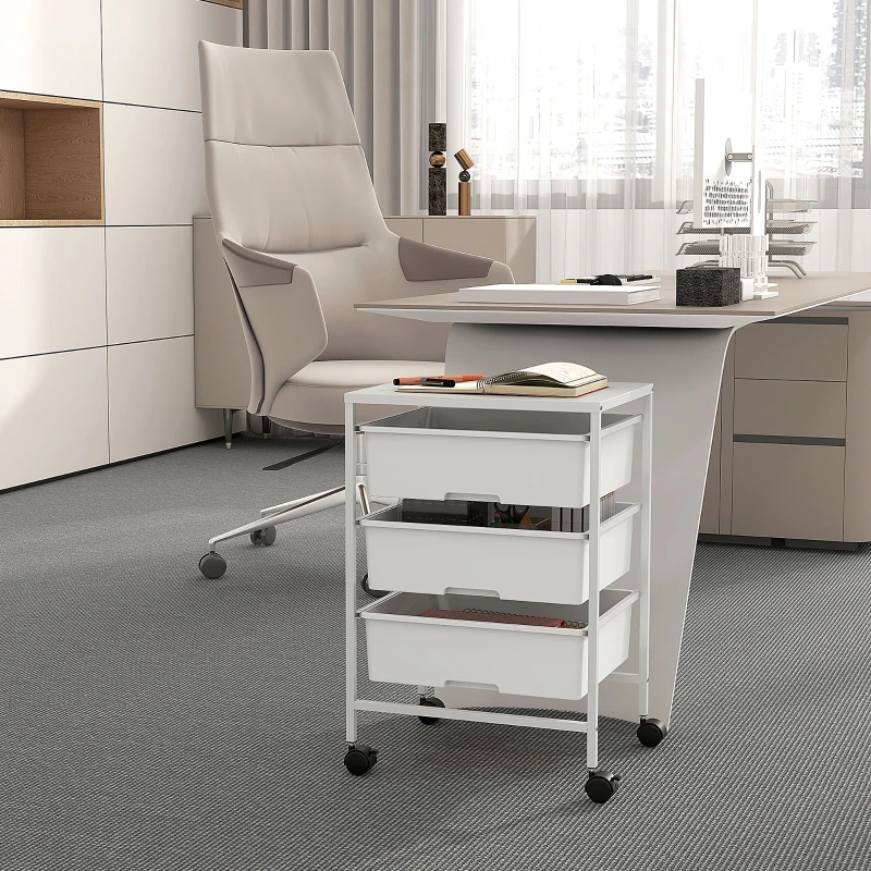 HOMCOM Cărucior Multifuncțional cu 3 Coșuri și Roți, Cărucior pentru Bucătărie și Birou din Oțel și Plastic, 40.8x33.5x60.5 cm, Alb