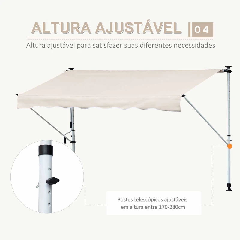 Outsunny Toldo Manual Retrátil para Exterior 400x120x170-280cm Toldo Enrolável Altura Ajustável com Manivela Proteção Solar para Terraço Balcão Jardim Marrom Claro