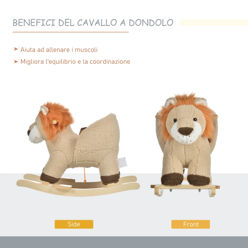 HOMCOM Dondolo Giocattolo a Forma di Leone per Bambini 18-36 Mesi, Ruggisce (3 Batterie Incluse), in Legno e Peluche