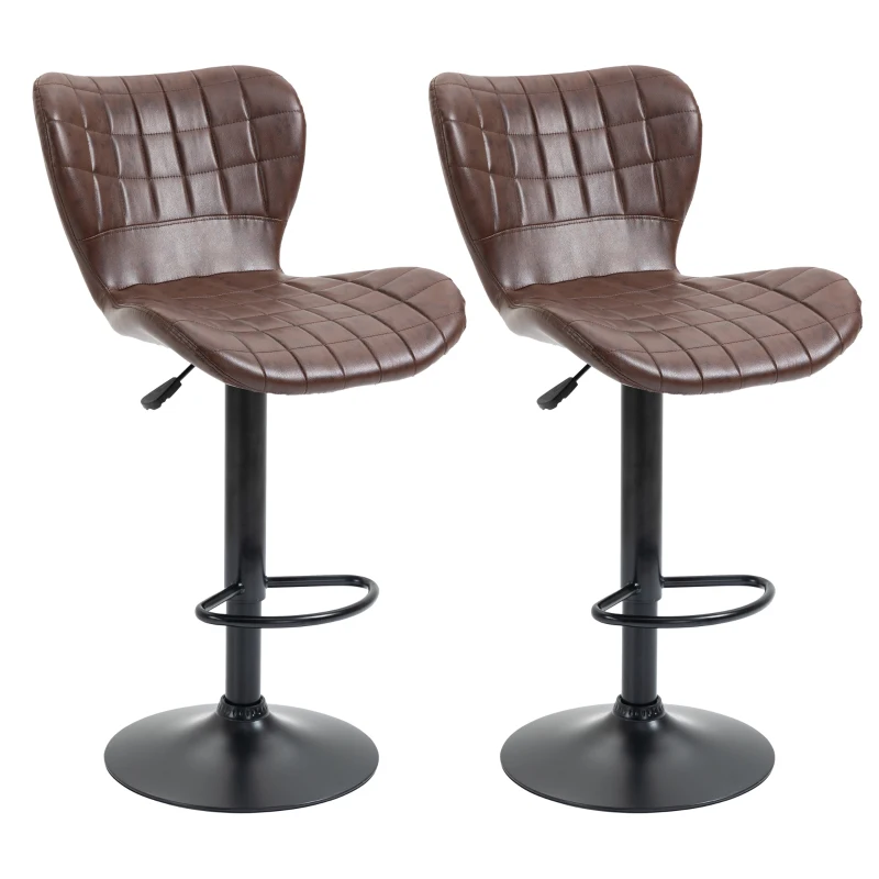 HOMCOM Bar Stools Set of 2 Adjustable Height Swivel Bar Chairs in PU Leather with Backrest & Footrest, Brown
