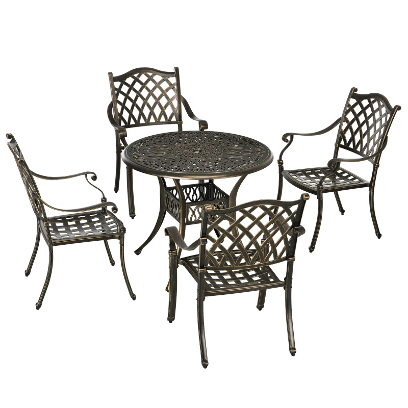 Outsunny 5-Piece Outdoor Furniture Dining Set, Cast Aluminum Conversation Set with 4 Chairs and Round Table with Umbrella Hole for Patio Garden Deck, Bronze Tone