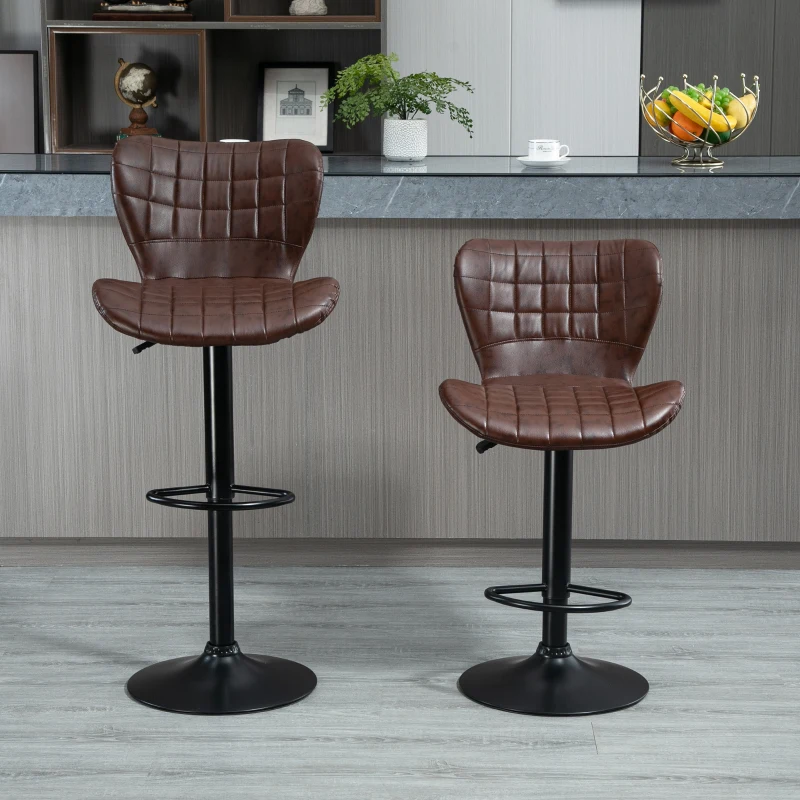 HOMCOM Bar Stools Set of 2 Adjustable Height Swivel Bar Chairs in PU Leather with Backrest & Footrest, Brown