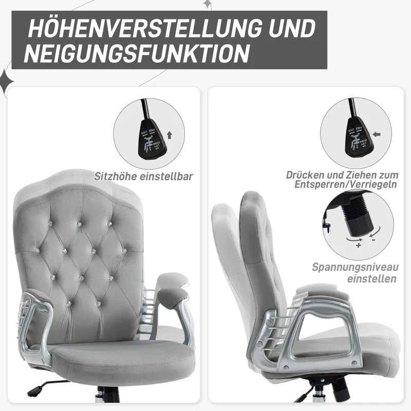 Vinsetto Krzesło Biurowe, Funkcja Wippania, Regulacja Wysokości, Wykończenie Aksamitu, do 120 kg, Jasnoszary