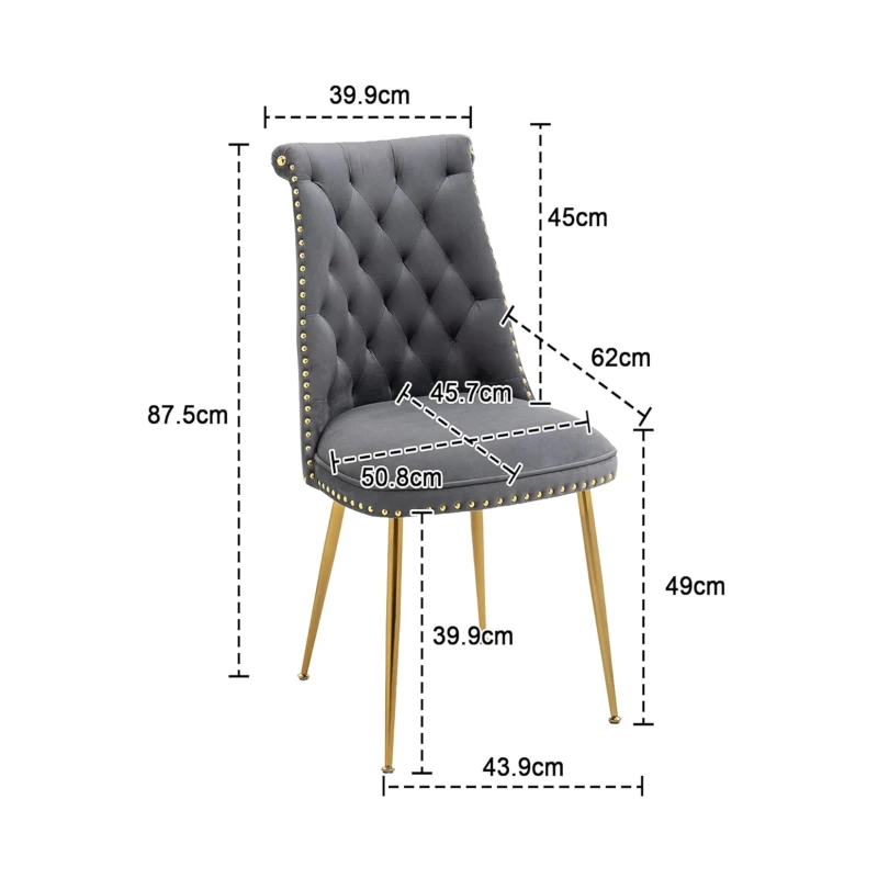 Ensemble de 2 chaises de salle à manger en velours, dossier haut avec dossier à anneaux et pieds en métal doré, pour le salon, la salle à manger, la cuisine, Gris