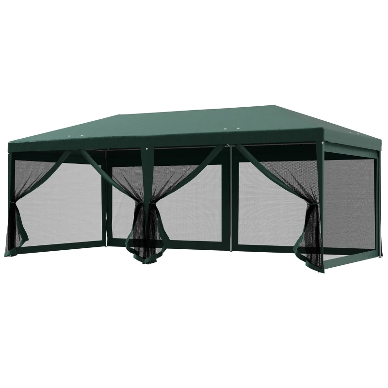 Outsunny Tenda de Jardim 6x3 m Tenda de Exterior com 6 Mosquiteiras Laterais 2 Postas com Fecho de Correr e Janelas Verde