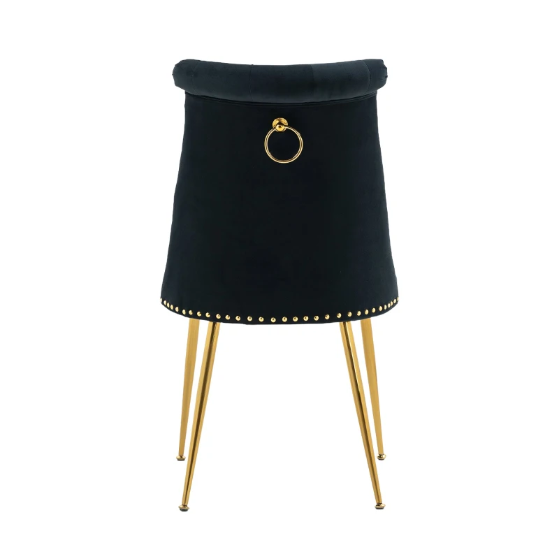 Lot de 2 chaises de salle à manger en velours, dossier haut avec dossier bouclé et pieds en métal, pour salon, salle à manger, cuisine, Noir