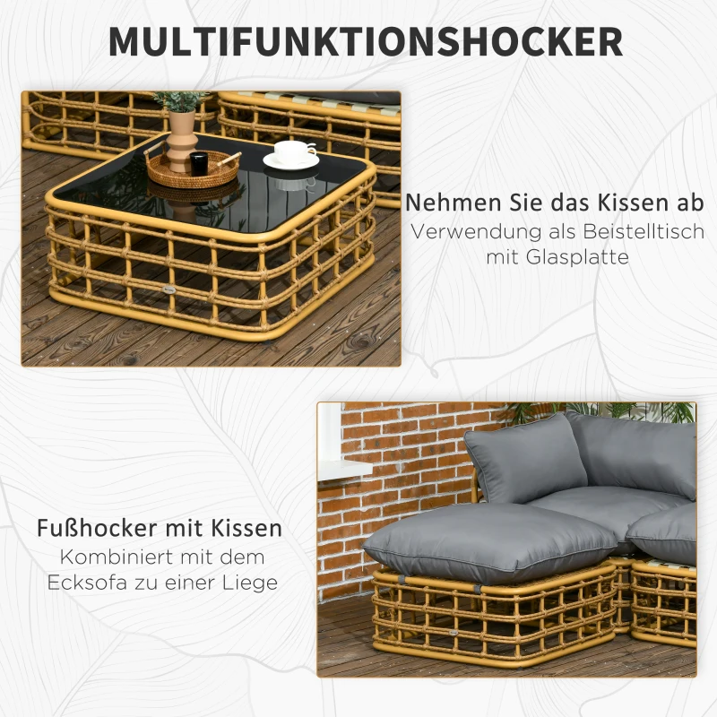 Outsunny Gartenmöbel-Set für 3 Personen, 3 Sofas, Hocker & Beistelltisch, Sitzkissen, Alurahmen, Kunstrattan, Braun