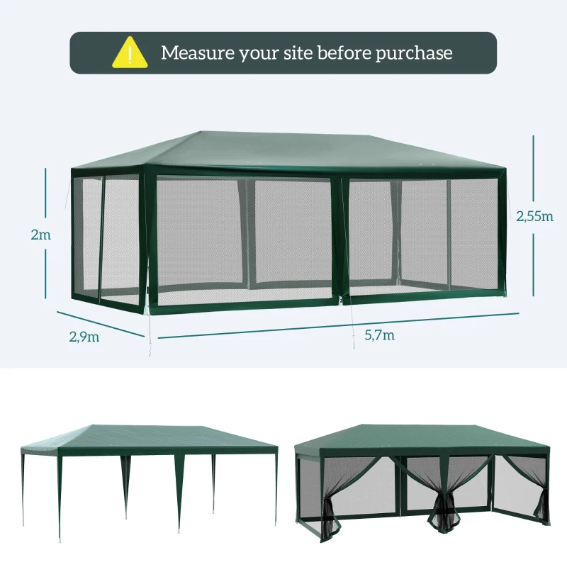 Outsunny Tenda de Jardim 6x3 m Tenda de Exterior com 6 Mosquiteiras Laterais 2 Postas com Fecho de Correr e Janelas Verde