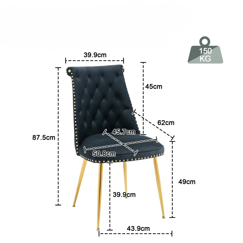 Lot de 2 chaises de salle à manger en velours, dossier haut avec dossier bouclé et pieds en métal, pour salon, salle à manger, cuisine, Noir