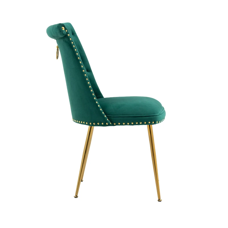 Ensemble de 2 chaises de salle à manger en velours, dossier haut avec dossier à anneaux et pieds en métal doré, pour le salon, la salle à manger, Vert