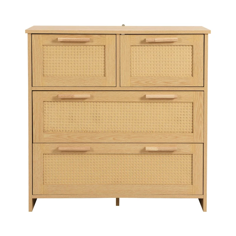 Commode Moderne en Rotin avec 4 Tiroirs et Poignées en Bois Massif, 80x38x80 cm - Meuble de Rangement, Naturel