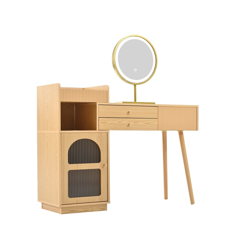 Coiffeuse Meuble avec Miroir LED à 3 Couleurs, 3 Tiroirs et Armoire Latérale, en Bois, 120x40x130 cm, Naturel