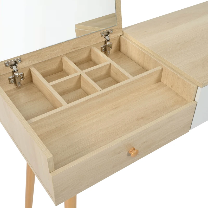 Coiffeuse Meuble avec Miroir et Tiroirs, Grande Capacité, 100x40x78 cm, Naturel+Blanc