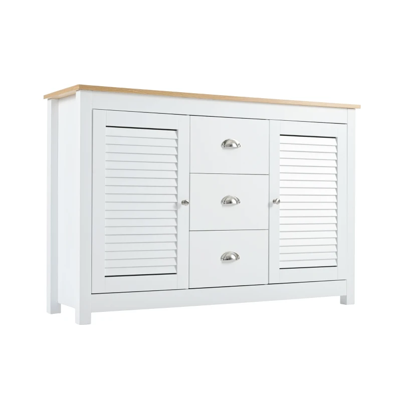 Buffet Moderne en MDF Laqué avec 2 Portes et 3 Tiroirs, Poignées en Métal, 120x35x80 cm, Blanc