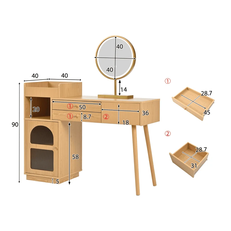 Coiffeuse Meuble avec Miroir LED à 3 Couleurs, 3 Tiroirs et Armoire Latérale, en Bois, 120x40x130 cm, Naturel
