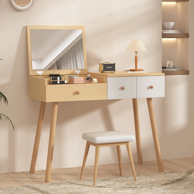 Coiffeuse Meuble avec Miroir et Tiroirs, Grande Capacité, 100x40x78 cm, Naturel+Blanc