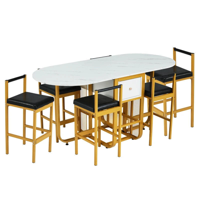 Ensemble Salle à Manger avec Table Console Extensible et 6 Chaises Salle à Manger Modernes, Table Multifonctionnelle Pliable, Blanc+Doré