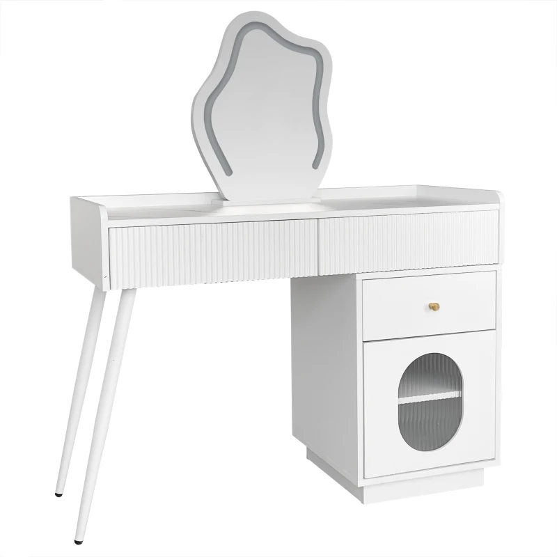 Coiffeuse Meuble avec Miroir LED et Éclairage, Trois Tiroirs et Une Porte, en Bois Pressé, 100x40x124 cm, Blanc