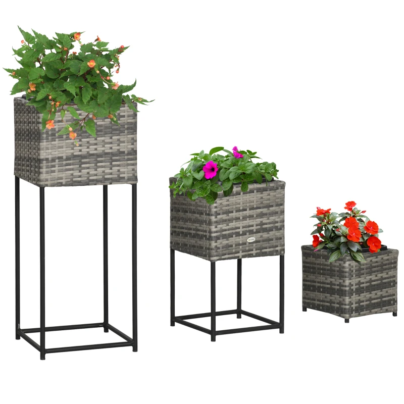 Outsunny podniesiony zestaw łóżek, 3 szt. rattanowe pudełko na kwiaty ze stojakiem, otwór drenażowy