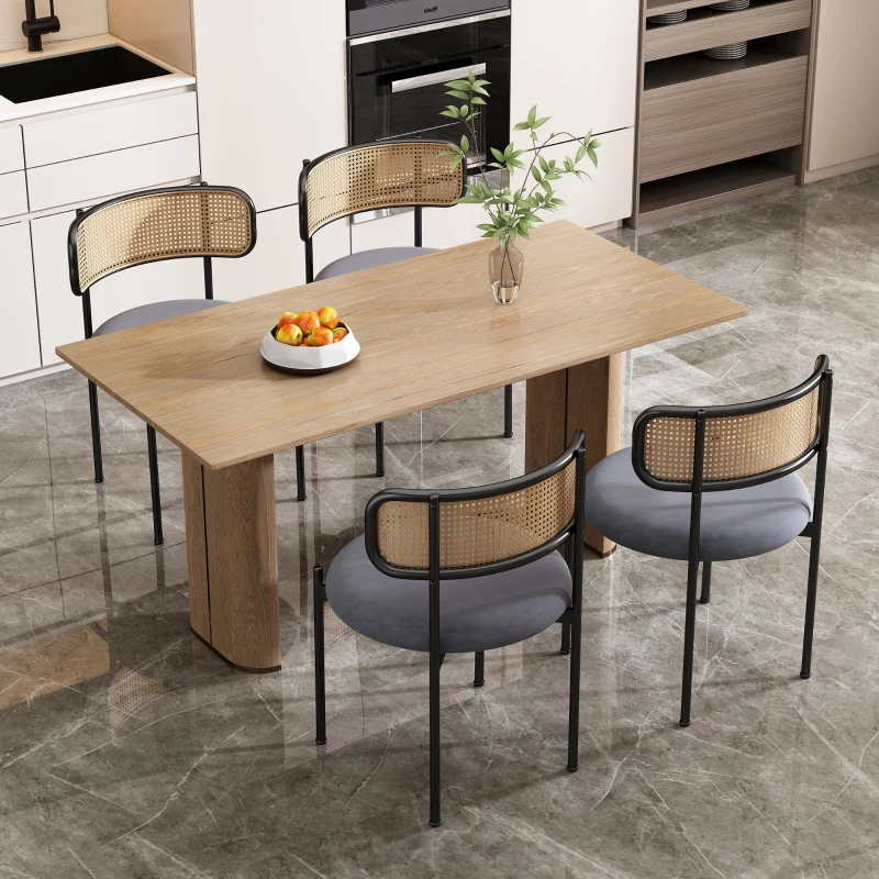 Set 4 scaune de dining din țesătură cu efect de catifea, picioare din metal și spătar din ratan, 60x18x86 cm, Gri