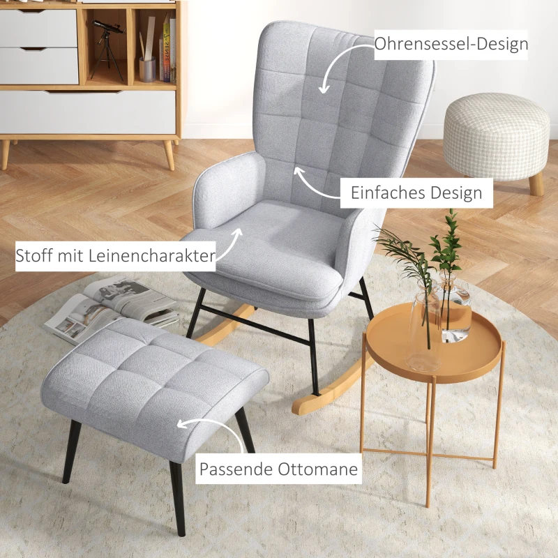 HOMCOM Schommelstoel met Voetenbank, Comfortabel, Tot 130 kg, Linnenlook, 64x89x90cm, Lichtgrijs
