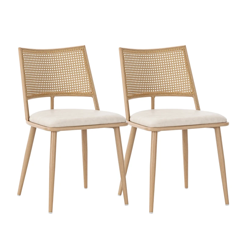Ensemble de 2 chaises de salle à manger avec assise revêtement synthétique et dossier en rotin, structure en métal, 46x48x80 cm, Beige